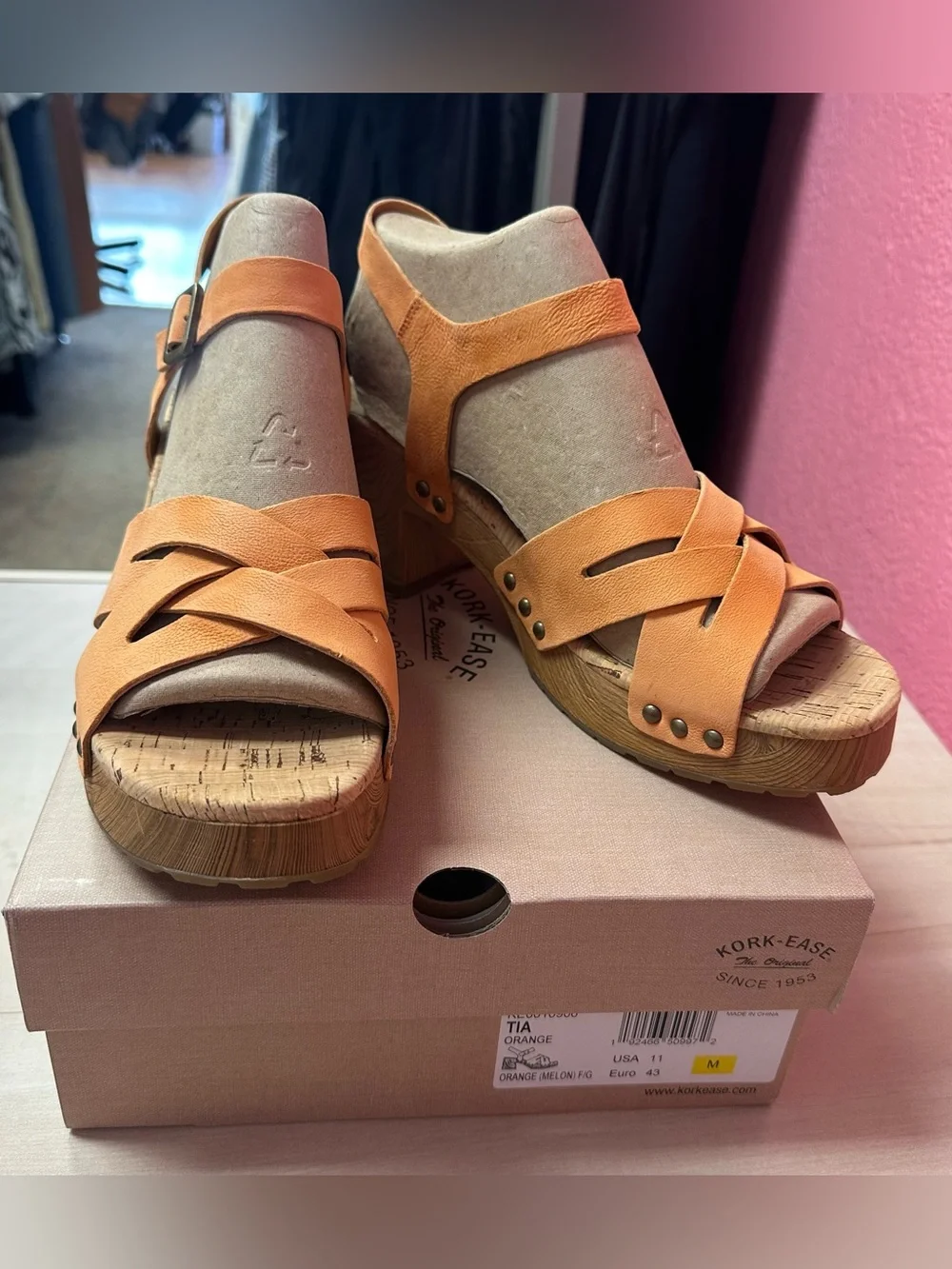 Kork-Ease Orange Leather Crisscross Platform Sandals
